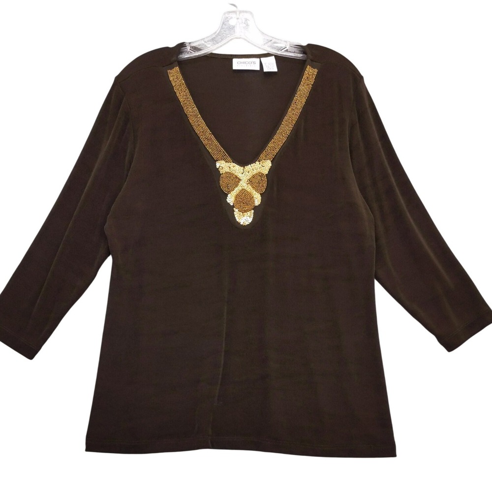 Chico's‎ Travelers Brown Beaded Embellished Tunic Top Size 2 L Womens Blouse